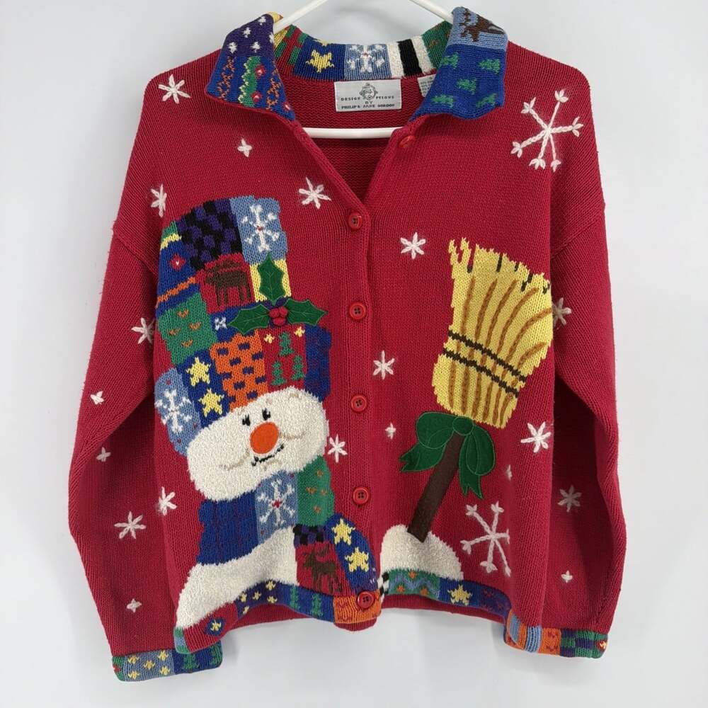 Design Options by PHILIP JANE GORDON Snow Man Christmas CARDIGAN SWEATER Size S
